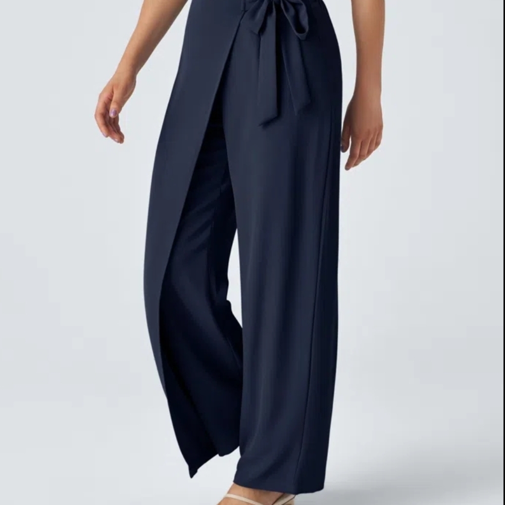 HALARA Navy Wrap-Front Wide Leg Pants